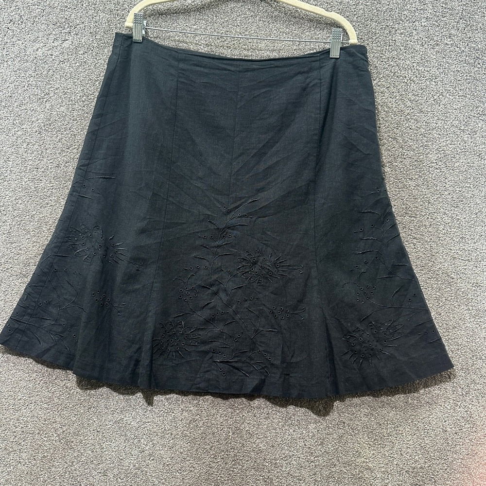 Richard Malcolm A Line Skirt Black Linen Blend Embroidered Knee Length Lagenlook